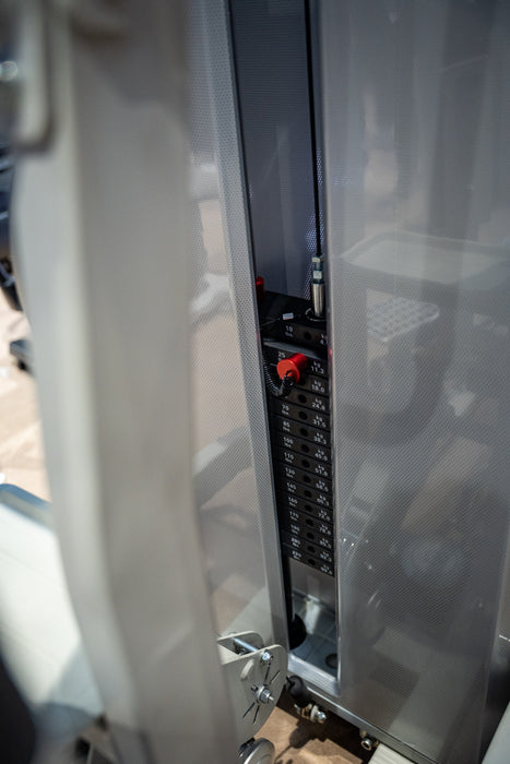 Selectorised weight stack detail on the Gluteleader Standing Adductor GL-1006